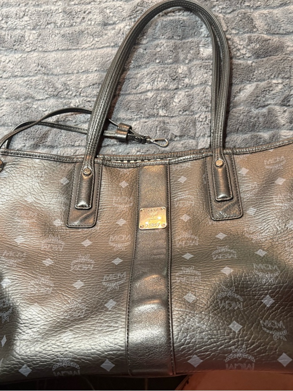 MCM Metallic Silver Monogram Leather Tote